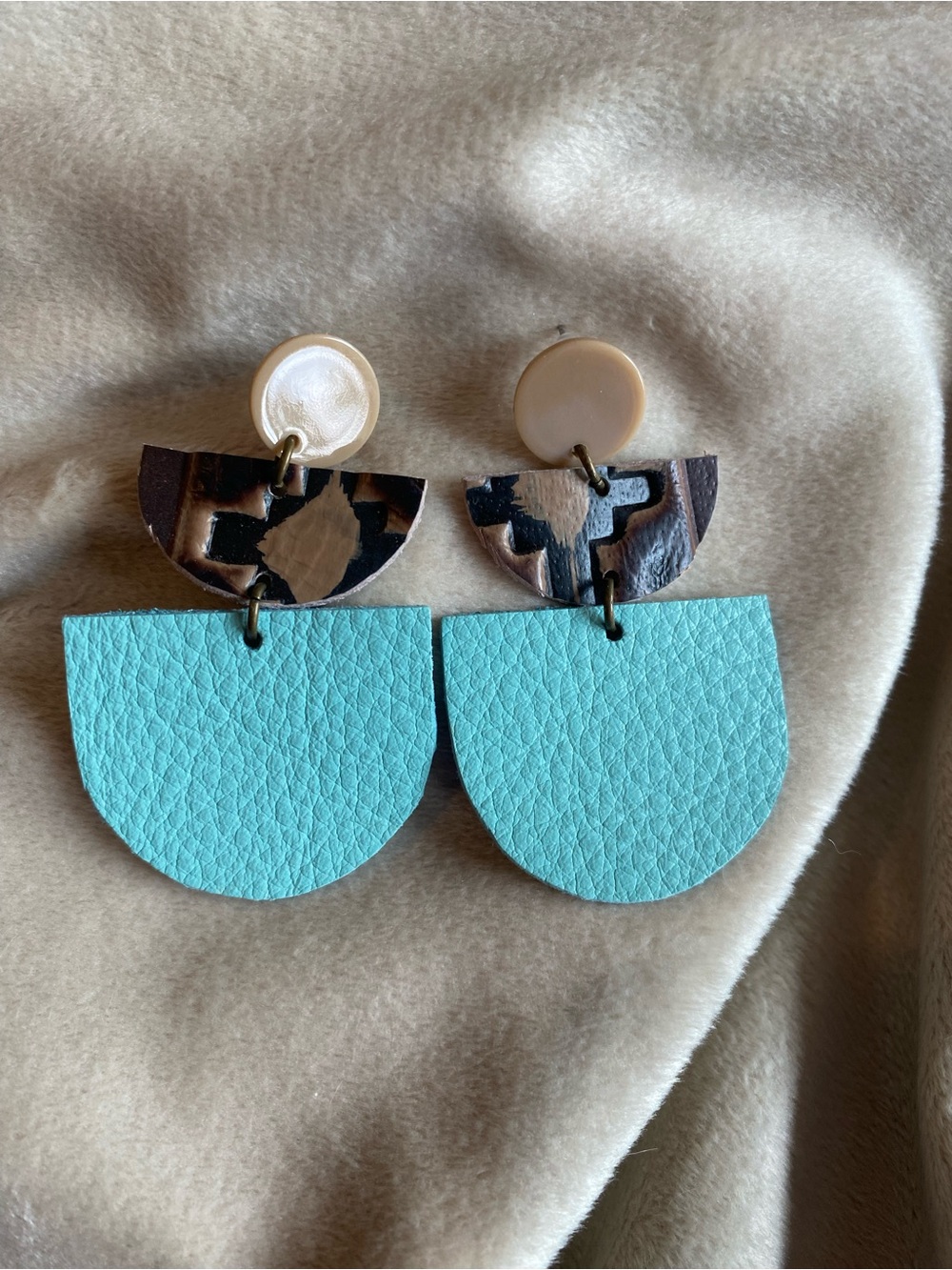 Turquoise Leather & Leopard Disc Drop Earrings